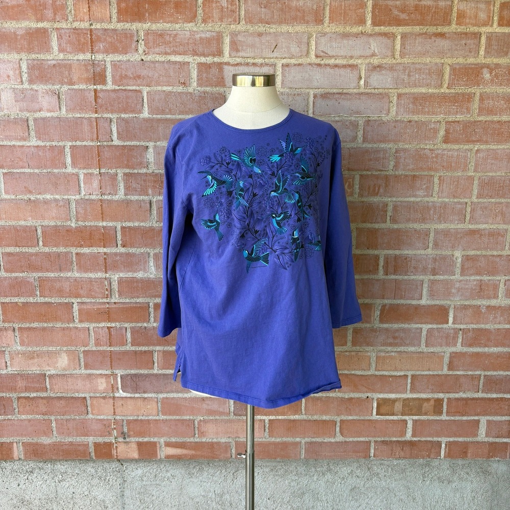 Sabaku Artwear A Bouquet of Hummingbirds Cotton Top 3/4 Sleeve Size Large USA